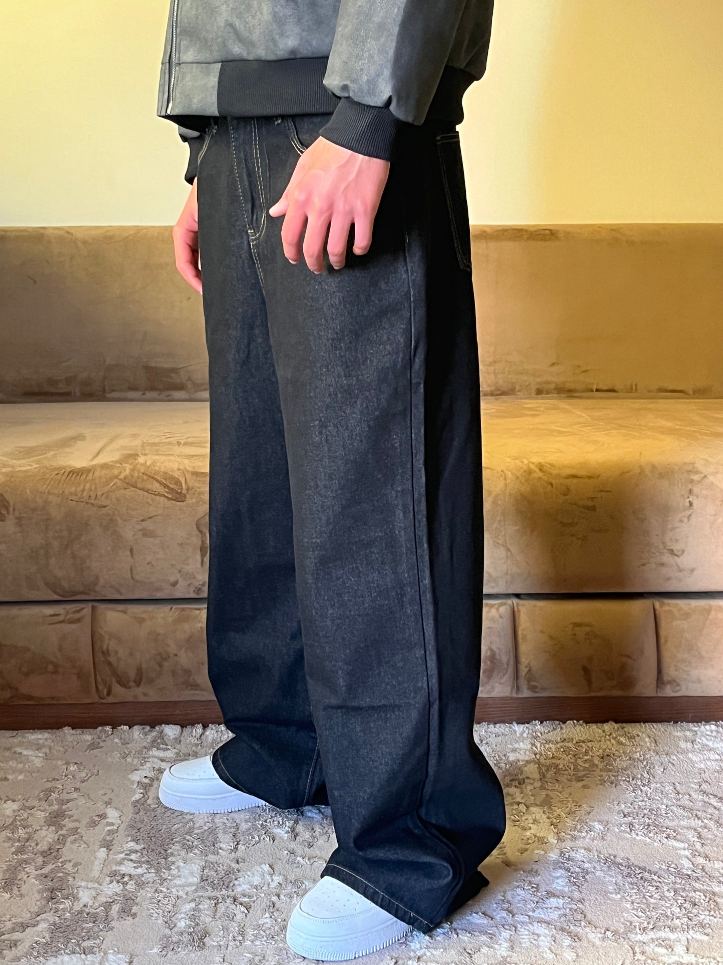 V2 black raw denim baggy jeans