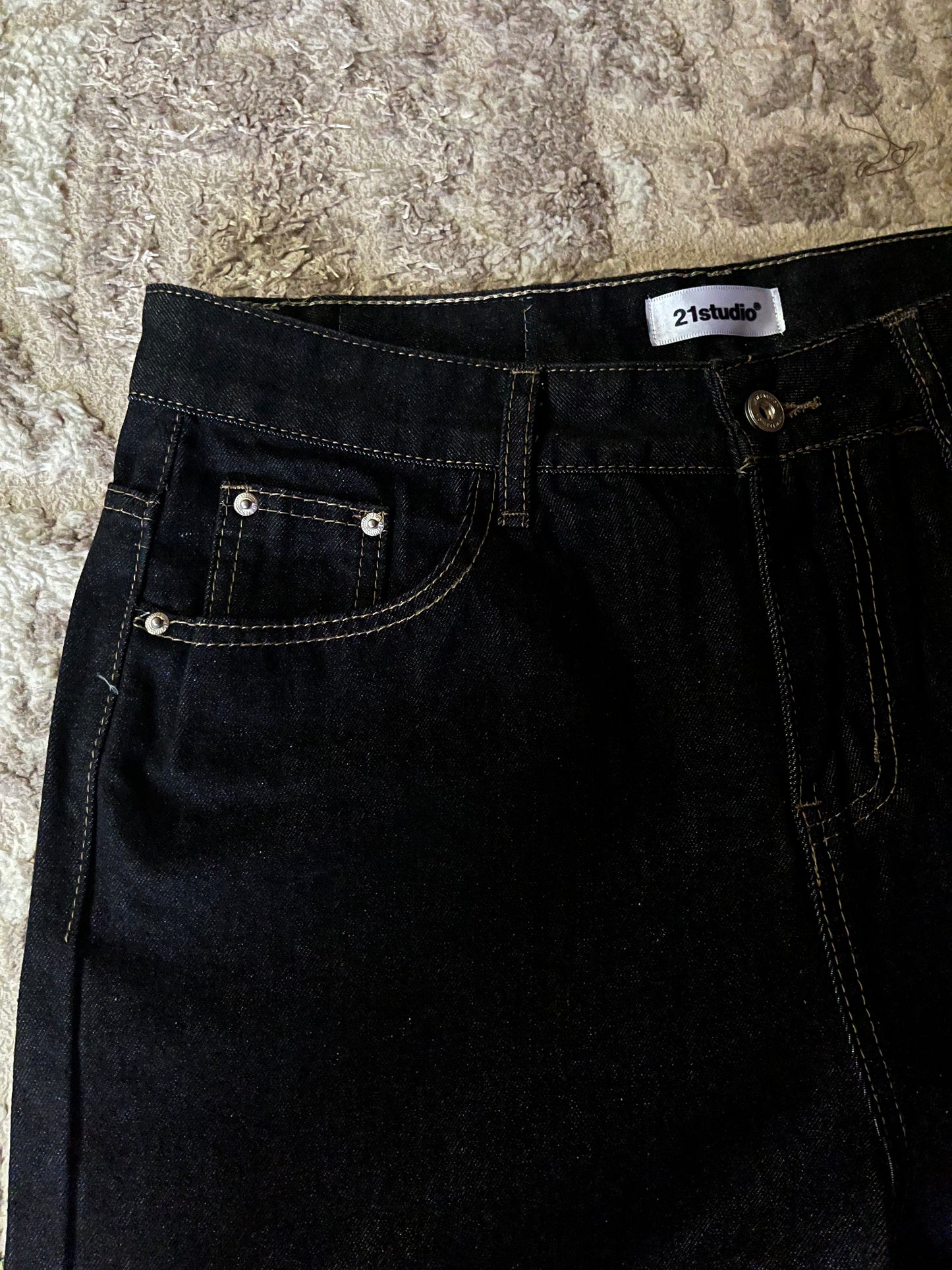 V2 black raw denim baggy jeans