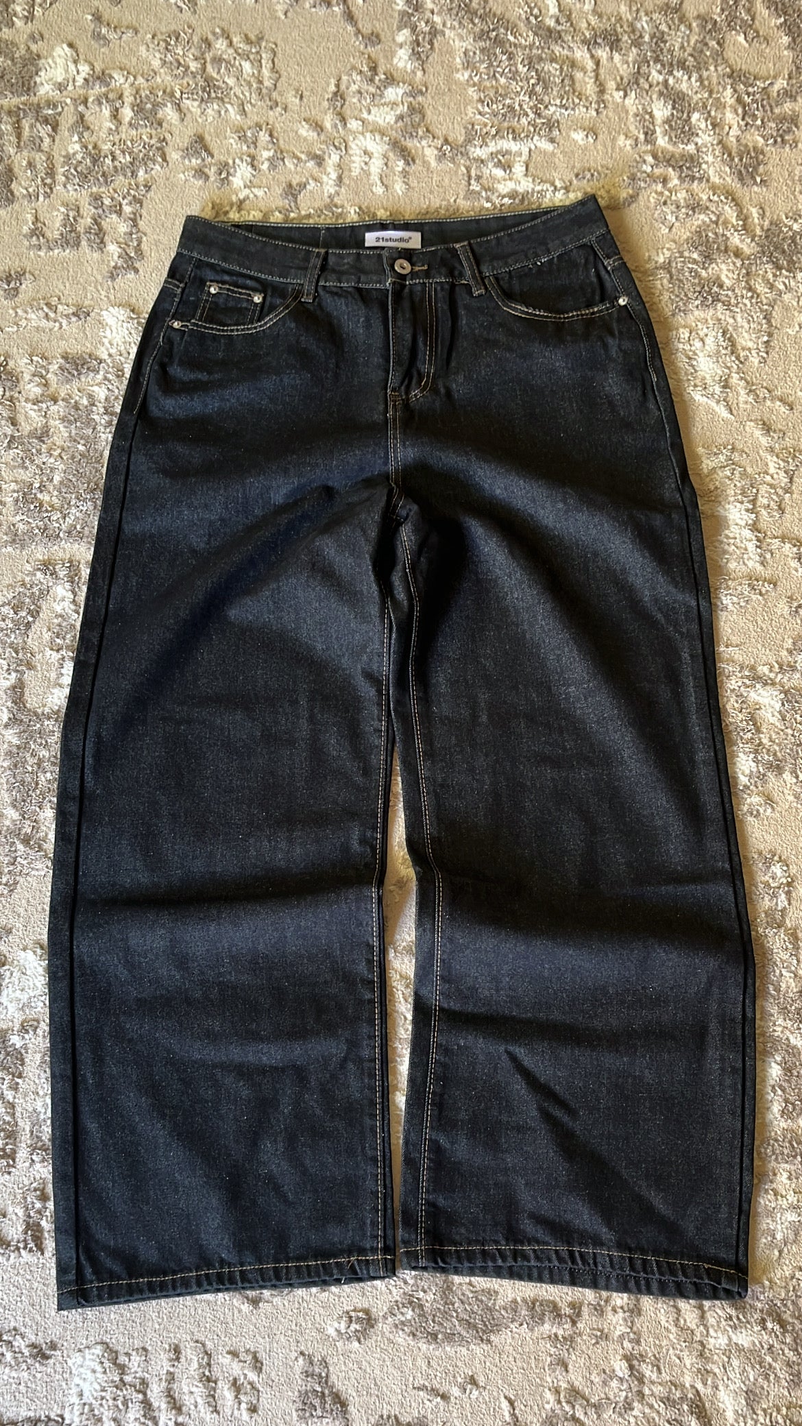 V2 black raw denim baggy jeans